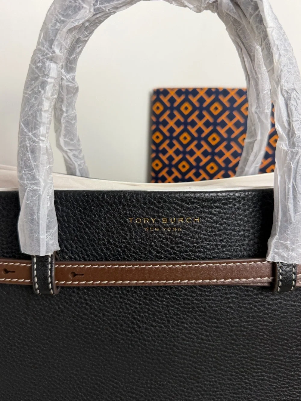 Tory Burch Black Leather Tote with Brown Trim